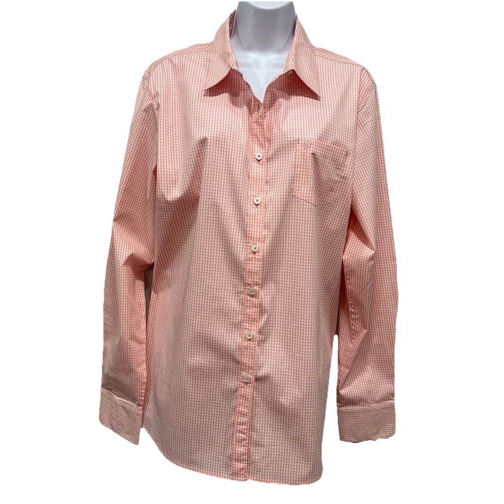 Ariat Button Down Shirt Women's Size XXL Plaid Pink White Long Sleeves Pockets
